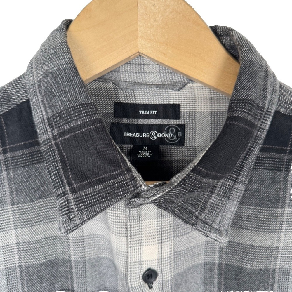 Treasure & Bond Trim Fit Flannel Shirt Mens M Grey Black Plaid Cotton  NEW